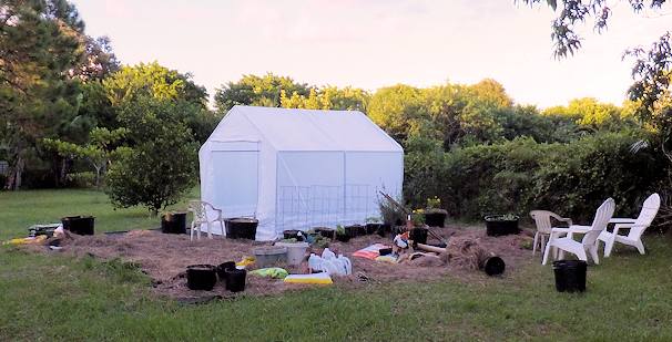 The start of setting up the greenhouse.  The cover looks white from a distance, but inside it's translucent and very bright.